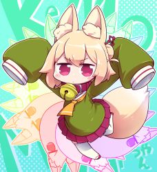 Rule 34 | 1girl, animal ear fluff, animal ears, arms up, bell, blonde hair, blush, borrowed character, collar, commentary request, fox ears, fox tail, full body, green background, green shirt, hair bun, hair ornament, hair stick, kemomimi-chan (naga u), long sleeves, looking at viewer, neck bell, neckerchief, orange neckerchief, original, pleated skirt, red eyes, red skirt, shirt, single hair bun, skirt, sleeves past wrists, tail, thighhighs, tokkyuu mikan, white thighhighs