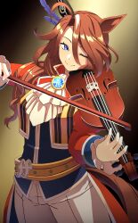 Rule 34 | 1girl, absurdres, ahoge, animal ears, blue eyes, blue hair, bow, bow (music), bright pupils, brown hair, card, closed mouth, coat, colored inner hair, commentary request, cowboy shot, ear covers, feathers, hair between eyes, hair bow, highres, holding, holding instrument, holding violin, horse ears, horse girl, instrument, light brown hair, long hair, long sleeves, multicolored hair, playing card, red coat, reibun (raven1119), smile, solo, sounds of earth (umamusume), two-tone hair, umamusume, violin, white background