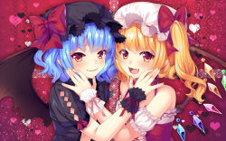 Rule 34 | 2girls, :d, artist name, bare shoulders, bat wings, black headwear, blonde hair, blue hair, blush, bow, breasts, collar, crystal, detached sleeves, diamond (shape), eyebrows, fang, fingernails, flandre scarlet, frilled sleeves, frills, halterneck, hat, hat bow, hat ribbon, heart, long fingernails, looking at viewer, matatabi maru, mob cap, multiple girls, one side up, open mouth, pink ribbon, pointy ears, puffy sleeves, red background, red bow, red eyes, red ribbon, remilia scarlet, ribbon, short hair, short sleeves, siblings, sisters, small breasts, smile, symmetrical hand pose, symmetrical pose, touhou, upper body, wavy hair, white hat, wings, wrist cuffs