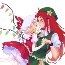 Rule 34 | 2girls, bacho, blonde hair, bloomers, blue bow, blush, bow, braid, colored eyelashes, commentary request, flandre scarlet, gradient hair, green eyes, green hat, hair bow, half-closed eyes, hand fan, hat, hat ornament, hat ribbon, highres, holding hands, hong meiling, interlocked fingers, multicolored hair, multiple girls, orange hair, red eyes, red ribbon, red skirt, ribbon, simple background, skirt, skirt set, star (symbol), star hat ornament, tongue, tongue out, touhou, underwear, vest, white background, white hat, white headwear, wings, wristband, yuri
