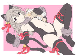 Rule 34 | 1girl, :o, animal ear fluff, animal ears, animal hands, bad id, bad twitter id, bandages, bell, black gloves, black leotard, black ribbon, black thighhighs, boko (girls und panzer), breasts, brown eyes, cat ears, cat tail, character cutout, commentary request, dutch angle, elbow gloves, fake animal ears, fake tail, girls und panzer, gloves, hair ribbon, holding, holding stuffed toy, iwami kyuuto, kittysuit, leg ribbon, leg up, leotard, light brown hair, long hair, looking at viewer, navel, nontraditional playboy bunny, official alternate costume, one side up, outside border, parted lips, paw gloves, pink background, ribbon, shimada arisu, small breasts, solo, stuffed animal, stuffed toy, tail, tail bell, tail ornament, tail ribbon, teddy bear, thigh ribbon, thighhighs