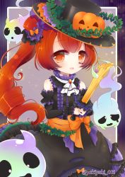 Rule 34 | 1girl, :d, bare shoulders, black dress, black hat, black ribbon, blush, bow, brown eyes, brown hair, character request, commentary request, detached sleeves, dress, flower, ghost, hair between eyes, hair ribbon, hat, highres, holding, jack-o&#039;-lantern, long hair, long sleeves, looking at viewer, open mouth, orange bow, purple flower, purple ribbon, purple rose, ribbon, ringlets, rose, shironeko project, side ponytail, sidelocks, smile, solo, twitter username, very long hair, yukiyuki 441