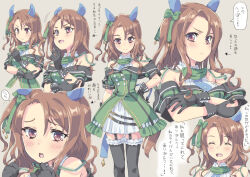 Rule 34 | 1girl, animal ears, bare shoulders, black gloves, black thighhighs, blush, bow, brown hair, buttons, double-breasted, dress, ear covers, frilled skirt, frills, garter straps, gloves, green bow, green dress, homing (areya), horse ears, horse girl, horse tail, king halo (umamusume), layered skirt, looking at viewer, medium hair, multiple views, red eyes, skirt, sleeveless, sleeveless dress, speech bubble, tail, thighhighs, umamusume, wavy hair