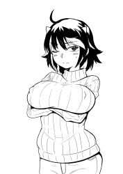 Rule 34 | 1girl, absurdres, ahoge, blush, breasts, closed mouth, cone horns, covered erect nipples, cowboy shot, crossed arms, greyscale, highres, himajin noizu, horns, kijin seija, large breasts, monochrome, multicolored hair, one eye closed, ribbed sweater, short hair, simple background, solo, streaked hair, sweat, sweater, touhou, turtleneck, turtleneck sweater, white background