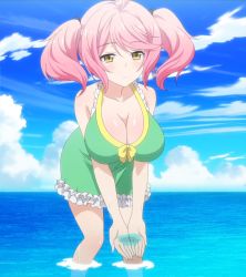 Rule 34 | 10s, 1girl, ahoge, beach, bent over, blue sky, breasts, cleavage, cloud, collarbone, female focus, green one-piece swimsuit, highres, horizon, in water, large breasts, long hair, looking at viewer, ocean, one-piece swimsuit, partially submerged, philuffy aingram, pink hair, saijaku muhai no bahamut, seo, short twintails, sky, solo, standing, swimsuit, twintails, water, wet