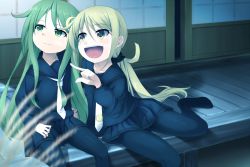 Rule 34 | 10s, 2girls, :d, black legwear, black serafuku, black skirt, blonde hair, crescent, crescent hair ornament, green eyes, green hair, hair ornament, hair tie, kantai collection, long hair, long sleeves, looking to the side, low twintails, multiple girls, nagatsuki (kancolle), neckerchief, night, no shoes, open mouth, pantyhose, pleated skirt, pointing, sailor collar, satsuki (kancolle), school uniform, serafuku, sitting, skirt, smile, twintails, utsushige, veranda, white neckerchief, yellow eyes