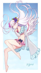 Rule 34 | 1girl, absurdres, angel wings, artist name, ass, azusa (blue archive), azusa (swimsuit) (blue archive), bare legs, barefoot, bikini, blue archive, blush, bow, feathered wings, flat chest, frilled bikini, frills, hair between eyes, hair bow, highres, long hair, looking at viewer, official alternate costume, parted lips, pink eyes, signature, solo, swimsuit, white hair, white wings, wings, xgao