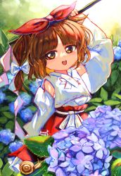 Rule 34 | 1girl, :d, absurdres, arm up, backlighting, blonde shrine maiden from a future era (touhou), blue flower, blunt bangs, bouquet, bow, detached sleeves, eyebrows hidden by hair, field, flower, flower field, gohei, grass, hair bow, hair ribbon, hakama, highres, hydrangea, japanese clothes, light blush, looking at viewer, nontraditional miko, oiceringi, one side up, open mouth, outdoors, overexposure, portrait of exotic girls, purple flower, red bow, red hakama, ribbon, short hair, smile, snail, solo, teeth, touhou, tress ribbon, upper teeth only, white bow