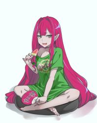 Rule 34 | 1girl, earrings, baobhan sith (fate), fate/grand order, fate (series), food, grey eyes, hand fan, highres, indian style, jewelry, jikeshi, long hair, nail polish, pink hair, pink nails, pointy ears, popsicle, quick shirt, sitting, very long hair, watermelon bar