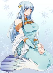 1girl blue_hair dress fire_emblem fire_emblem:_the_blazing_blade gradient_background highres long_hair looking_at_viewer ninian nintendo red_eyes smile snow snowflakes solo