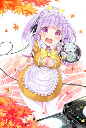 Rule 34 | 1girl, apron, autumn leaves, blush, bow, breasts, bulbonne, cleavage, cleavage cutout, clothing cutout, collared dress, commentary request, day, dress, earrings, flower, frilled apron, frills, gloves, green tea, hair bow, hand on headphones, headphones, high ponytail, highres, jewelry, large breasts, leaf, long hair, looking at viewer, maid, maid headdress, maple leaf, open mouth, original, outdoors, ponytail, puffy short sleeves, puffy sleeves, purple eyes, purple hair, rose, short sleeves, solo, spoon, steam, tea, tray, waist apron, white apron, white background, white gloves, yellow bow, yellow dress, yellow flower, yellow rose