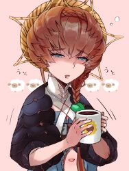 Rule 34 | 1girl, absurdres, black sleeves, blue eyes, blue overalls, braid, brown hair, coffee mug, cup, drooling, fate/grand order, fate (series), floral print, highres, holding, holding cup, motion lines, mug, navel, open mouth, orange headwear, overalls, pink background, puffy sleeves, sheep, shimogamo (shimomo 12), side braid, simple background, sleepy, solo, striped clothes, striped headwear, sunflower print, thought bubble, upper body, van gogh (fate)