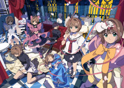 Rule 34 | 1girl, absurdres, ahoge, alternate costume, animal ears, bell, black dress, black footwear, blue dress, boots, bow, bowtie, brown hair, cardcaptor sakura, cat ears, checkered floor, clamp (circle) (style), closed eyes, clothes, commentary, couch, curtains, dodecagram, dress, dummy, edoya inuhachi, elbow gloves, fake animal ears, fake wings, full body, gloves, green eyes, hair intakes, hat, highres, indoors, jester cap, kinomoto sakura, looking at viewer, magic circle, mannequin, mary janes, medium hair, multiple persona, neck bell, neck ribbon, official alternate costume, on couch, on floor, pantyhose, ribbon, rug, school uniform, shoes, sitting, skirt, socks, table, tomoeda elementary school uniform, window, wings