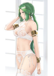 Rule 34 | 1girl, arm behind head, armlet, bare shoulders, bra, bracelet, breasts, choker, cleavage, closed mouth, commentary, english commentary, female focus, garter belt, garter straps, green eyes, green hair, j@ck, jewelry, kid icarus, kid icarus uprising, lace, lace-trimmed legwear, lace bra, lace trim, large breasts, lingerie, long hair, matching hair/eyes, navel, nintendo, palutena, panties, parted bangs, see-through, side-tie panties, sideboob, standing, strap gap, thighhighs, thighs, twintails, underwear, very long hair, white bra, white panties, white thighhighs, window