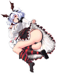 Rule 34 | 1girl, :3, alvis (last origin), ass, black panties, black thighhighs, breasts, dress, fang, full body, gothic lolita, hair between eyes, head wings, highres, huge breasts, kiwoseo meogneundas, large breasts, last origin, lolita fashion, looking at viewer, lying, on side, oppai loli, panties, red eyes, red thighhighs, shoes, short hair, simple background, single shoe, solo, striped clothes, striped thighhighs, thighhighs, two side up, underwear, white background, white hair, wings