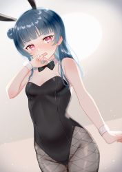 Rule 34 | 1girl, absurdres, animal ears, bare shoulders, black bow, black bowtie, black leotard, blue hair, bow, bowtie, breasts, collar, commentary request, cowboy shot, detached collar, fake animal ears, fishnet pantyhose, fishnets, grey pantyhose, groin, hair bun, hand to own mouth, hand up, highres, leotard, long hair, looking at viewer, love live!, love live! sunshine!!, open mouth, pantyhose, playboy bunny, rabbit ears, red eyes, segawa luna, side bun, single hair bun, single side bun, small breasts, solo, standing, strapless, strapless leotard, tsushima yoshiko, white collar, wrist cuffs