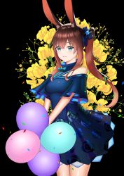 Rule 34 | 1girl, absurdres, amiya (arknights), animal ear fluff, animal ears, arknights, balloon, bare shoulders, black background, blue dress, blue eyes, blue ribbon, breasts, brown hair, clothing request, cowboy shot, dress, floral print, flower, green ribbon, hair ornament, hair ribbon, highres, holding, holding balloon, jewelry, long hair, medium breasts, meowster, off-shoulder dress, off shoulder, parted lips, rabbit ears, rabbit hair ornament, ribbon, short sleeves, side ponytail, sidelocks, simple background, smile, solo, yellow flower