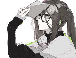 Rule 34 | 1girl, akuta hinako, earrings, ebanoniwa, fate/grand order, fate (series), from side, glasses, grey eyes, jewelry, long sleeves, looking at viewer, looking to the side, muted color, parted lips, simple background, solo, twintails, white background, yu mei-ren (fate)
