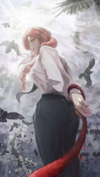 Rule 34 | 1girl, absurdres, ass, bird, black necktie, black pants, blood, braid, chainsaw man, crow, from below, highres, leash, light rays, light smile, long hair, looking at viewer, makima (chainsaw man), nakauma, necktie, pants, red hair, shirt, sidelocks, tree, utility pole, white shirt, yellow eyes