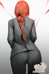 Rule 34 | ass, braid, braided ponytail, chainsaw man, formal, from behind, gradient background, grey background, highres, hu dako, long hair, long sleeves, makima (chainsaw man), pantylines, patreon username, red hair, suit