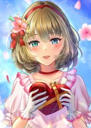 Rule 34 | 1girl, :d, blue eyes, blue sky, blush, box, brown hair, choker, commentary request, dress, flower, gift, gloves, green eyes, hair flower, hair ornament, hairband, heart-shaped box, heterochromia, highres, holding, holding gift, idolmaster, idolmaster cinderella girls, looking at viewer, mole, mole under eye, nyome991, open mouth, petals, pink dress, pink gloves, red choker, red hairband, short hair, sky, smile, solo, takagaki kaede, upper body, valentine