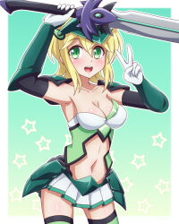 Rule 34 | 1girl, akatsuki kirika, blonde hair, blush, breasts, cleavage, collarbone, elbow gloves, gloves, green background, green eyes, highres, holding, holding sword, holding weapon, large breasts, looking at viewer, microskirt, navel, open mouth, senki zesshou symphogear, short hair, simple background, skirt, smile, solo, sword, thighhighs, v, weapon, yosuzu