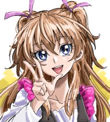 Rule 34 | 1girl, :d, blue eyes, blush, brown hair, collarbone, floating hair, hair between eyes, hair ribbon, houjou hibiki, long hair, long sleeves, looking at viewer, open mouth, pink ribbon, portrait, precure, ribbon, shirt, sketch, smile, solo, suite precure, tsukikage oyama, twintails, two-tone background, w, white background, white shirt, yellow background