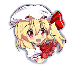 Rule 34 | 1girl, blonde hair, bouquet, flandre scarlet, flower, from side, hair between eyes, hat, hat ribbon, holding, holding bouquet, long hair, looking at viewer, looking to the side, lowres, mob cap, one side up, open mouth, puffy short sleeves, puffy sleeves, red eyes, red flower, red ribbon, red rose, ribbon, ribbon-trimmed headwear, ribbon trim, rose, shirt, short sleeves, simple background, solo, teeth, tonchinkan, touhou, upper teeth only, white background, white hat, white shirt