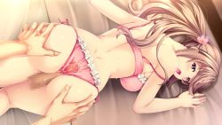 Rule 34 | 1girl, ass, ass grab, atelier kaguya, bed, binkan kyonyuu bishoujo tsunfuwa iyarashi massage, blush, bra, breasts, brown hair, buttjob, buttjob over clothes, censored, disembodied penis, embarrassed, frilled panties, frills, game cg, h+o, harumi ayame, indoors, large breasts, legs, long hair, lying, mosaic censoring, nose blush, off shoulder, on bed, on stomach, open mouth, original, out of frame, panties, penis, purple eyes, solo focus, thighs, twintails, underwear