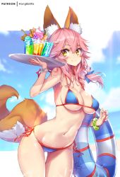 Rule 34 | 1girl, animal ear fluff, animal ears, bare shoulders, bendy straw, bikini, blue bikini, blue bow, blue sky, blush, bow, bracelet, breasts, brown eyes, closed mouth, cloud, cloudy sky, collarbone, commentary request, cup, day, drink, drinking glass, drinking straw, fate/grand order, fate (series), fingernails, food, fox ears, fox girl, fox tail, hair between eyes, hair bow, hand up, holding, holding tray, hong (white spider), ice cream, ice cream float, innertube, jewelry, large breasts, long hair, looking at viewer, nail polish, navel, pink hair, red nails, side-tie bikini bottom, signature, sky, smile, solo, swim ring, swimsuit, tail, tamamo (fate), tamamo no mae (fate/extra), tamamo no mae (swimsuit lancer) (fate), transparent, tray, wafer stick