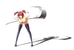 Rule 34 | 1girl, absurdres, bad id, bad pixiv id, bent over, black thighhighs, bottomless, breasts, cleavage, downblouse, female focus, hair bobbles, hair ornament, highres, large breasts, legs, onozuka komachi, red eyes, red hair, rouge (strongminded), scythe, shadow, short hair, solo, thighhighs, touhou, twintails, two side up