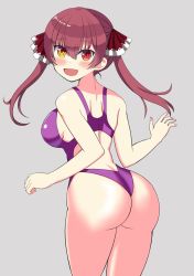 Rule 34 | 1girl, ass, bare shoulders, blush, breasts, butt crack, competition swimsuit, from behind, hair ribbon, heterochromia, highres, hololive, houshou marine, inumori sayaka, large breasts, long hair, looking at viewer, one-piece swimsuit, open mouth, orange eyes, red eyes, red hair, ribbon, shiny clothes, shiny skin, sideboob, smile, solo, swimsuit, thick thighs, thighs, twintails, virtual youtuber
