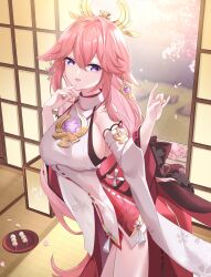 Rule 34 | 1girl, :d, absurdres, bare shoulders, breasts, commentary request, cowboy shot, dango, detached sleeves, food, genshin impact, hands up, highres, large breasts, lingshalan, long hair, long sleeves, looking at viewer, open mouth, pink hair, plate, purple eyes, sanshoku dango, shirt, sleeveless, sleeveless shirt, smile, solo, standing, very long hair, wagashi, white shirt, yae miko