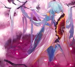 Rule 34 | 1girl, araiyme, blush, branch, cherry blossoms, commentary, fate/grand order, fate (series), folding fan, green hair, hand fan, holding, holding fan, horns, japanese clothes, kiyohime (fate), long hair, looking at viewer, petals, petals on liquid, pink water, seiza, sitting, smile, solo, very long hair, water, yellow eyes