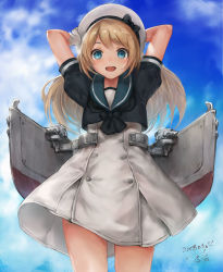 Rule 34 | 1girl, :d, arms behind head, arms up, beret, black bow, black shirt, blonde hair, blue eyes, blue sailor collar, blue sky, bow, cloud, cowboy shot, crop top, dated, day, dress, grey dress, hat, hat bow, highres, jervis (kancolle), kantai collection, long hair, looking at viewer, machinery, open mouth, outdoors, revision, sailor collar, sanpaku, shirt, signature, sky, smile, solo, standing, tareme, thighs, toka (marchlizard), white hat