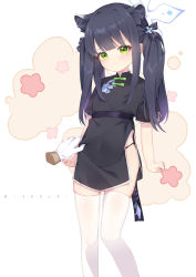 Rule 34 | 1girl, absurdres, akovo, animal ears, black dress, black hair, black panties, blue archive, china dress, chinese clothes, closed mouth, disembodied hand, dress, green eyes, halo, highres, looking at viewer, medium hair, panties, short sleeves, shun (blue archive), shun (small) (blue archive), solo focus, standing, thighhighs, thighs, twintails, underwear, white background, white thighhighs