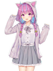 Rule 34 | 1girl, :d, absurdres, ahoge, animal ears, animal hood, blue hair, blue nails, bow, bowtie, braid, cat ears, cat hood, colored inner hair, cowboy shot, fang, frilled shirt, frilled skirt, frills, grey skirt, hair ornament, hair over shoulder, hands up, highres, hokori sakuni, hololive, hood, hooded jacket, jacket, long hair, long sleeves, looking at viewer, minato aqua, miniskirt, multicolored hair, nail polish, open mouth, pleated skirt, purple eyes, purple hair, shirt, simple background, skirt, smile, solo, streaked hair, twin braids, twintails, two-tone hair, virtual youtuber, white background, white shirt