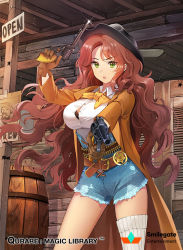 Rule 34 | 1girl, aiming, aiming at viewer, ammunition belt, ascot, bandolier, black bra, bra, breasts, character request, collared shirt, cowboy hat, cutoffs, denim, denim shorts, dual wielding, green eyes, gun, handgun, hat, holding, holding gun, holding weapon, ice (ice aptx), large breasts, long coat, long hair, official art, popped button, qurare magic library, red hair, revolver, sheriff, sheriff badge, shirt, shorts, thighhighs, underwear, weapon