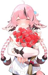 Rule 34 | 1girl, ahoge, animal ears, black gloves, bouquet, bow, braid, cheri lupina, closed eyes, dress, fingerless gloves, flower, fox ears, fox girl, gloves, highres, holding, holding bouquet, long hair, long sleeves, pajhmh, pink hair, red bow, red flower, red rose, rose, second-party source, simple background, smile, solo, standing, tears, teeth, twin braids, virtual youtuber, vreverie, white background, white dress