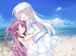 Rule 34 | 2girls, :d, ^ ^, absurdres, asahina yori, beach, blue sailor collar, blue sky, blurry, blurry background, blush, center frills, closed eyes, colored eyelashes, commentary request, cowboy shot, day, dress, embarrassed, frilled dress, frilled sleeves, frills, grey eyes, hair between eyes, hair ornament, hairclip, highres, hug, katou umi, leaning back, leaning forward, long hair, multiple girls, naruse shiroha, ocean, open mouth, outdoors, parted bangs, purple hair, sailor collar, sailor dress, short sleeves, sidelocks, sky, smile, standing, summer pockets, two side up, very long hair, white dress, white hair