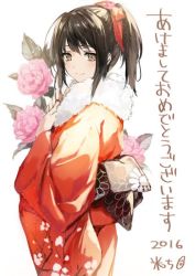 Rule 34 | 1girl, 2016, black hair, blush, bow, brown eyes, commentary request, dated, floral background, floral print, flower, from side, fur trim, furisode, japanese clothes, kimono, komecchi, looking at viewer, looking to the side, obi, original, ponytail, red bow, sash, sidelocks, smile, solo, translation request, white background