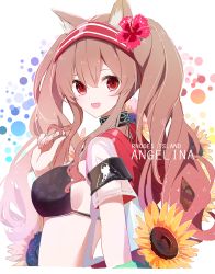Rule 34 | 1girl, :d, a.a (aa772), angelina (arknights), animal ears, arknights, bikini, black bikini, blush, breasts, brown hair, character name, clothes writing, flower, fox ears, from side, hair flower, hair ornament, twirling hair, hairband, hibiscus, infection monitor (arknights), long hair, looking at viewer, looking to the side, medium breasts, multicolored background, open mouth, pink flower, red eyes, red hairband, rhodes island logo (arknights), see-through, short sleeves, sidelocks, smile, solo, sunflower, swimsuit, twintails, two-tone hairband, upper body, yellow flower