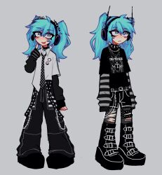 Rule 34 | 1other, :d, alternate costume, aqua eyes, aqua hair, belt, black choker, black footwear, black necktie, black shorts, chain, chain necklace, choker, collar, cross, cross necklace, deftones (band), expressionless, gloves, grey background, half-closed eyes, headset, highres, jewelry, kerpluvis, multiple views, necklace, necktie, nonbinary flag, open mouth, pointing, pointing at self, radio antenna, shorts, sleeves past wrists, smile, spiked collar, spikes, striped clothes, striped gloves, striped sleeves, studded belt, thigh strap, thighhighs, torn clothes, torn thighhighs, transgender flag, twintails