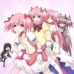 Rule 34 | 10s, 5girls, akemi homura, black hair, blood, bow, gloves, hair bow, hair ribbon, hairband, hayashiya zankurou, highres, kaname madoka, kriemhild gretchen, long hair, looking at viewer, magical girl, mahou shoujo madoka magica, mahou shoujo madoka magica (anime), multiple girls, multiple persona, nosebleed, open mouth, pantyhose, personification, pink eyes, pink hair, purple eyes, ribbon, school uniform, short hair, short twintails, skirt, smile, spoilers, twintails, two side up, ultimate madoka, very long hair, white gloves, witch (madoka magica), yellow eyes