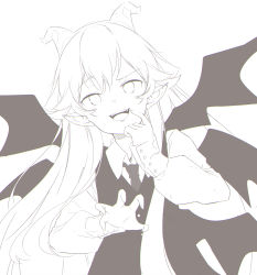 Rule 34 | 1girl, :d, absurdres, claw pose, demon horns, demon wings, fang, formal, funamusea, greyscale, haiiro teien, highres, horns, long hair, long sleeves, merry merry, monochrome, necktie, open mouth, pointing, pointing at self, pointy ears, reficul, sketch, smile, suit, wings