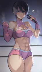 Rule 34 | abs, adapted costume, asymmetrical gloves, attack, black eyes, black hair, breasts, cleavage cutout, clothing cutout, elbow gloves, expressionless, gloves, highres, medium breasts, microphone, mikasa ackerman, muscular, muscular female, official alternate costume, scar, scar on face, shingeki no kyojin, short hair, short shorts, shorts, solo, suurin (ksyaro), toned, uneven gloves, wrestling outfit, wrestling ring
