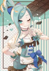 Rule 34 | 1girl, ;), alternate costume, apron, blue bow, blush, bow, bridal garter, buttons, candy, chocolate, chocolate bar, choker, closed mouth, collared shirt, commentary request, cowboy shot, creatures (company), eyelashes, food, game freak, green eyes, green hair, hair bow, hand on own hip, hand up, heart, highres, index finger raised, lisia (pokemon), looking at viewer, nintendo, one eye closed, pokemon, pokemon oras, shirt, short sleeves, smile, solo, ssn (sasa8u9r), wrist cuffs