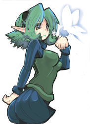 Rule 34 | 1girl, ass, blue eyes, blue lips, breasts, bug, butterfly, covered erect nipples, green hair, hairband, bug, lipstick, makeup, nintendo, pointy ears, saria (zelda), sho-n-d, short hair, solo, the legend of zelda, the legend of zelda: ocarina of time, turtleneck