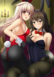 Rule 34 | 10s, 2girls, :d, alternate costume, animal ears, ashigara (kancolle), ass, ass grab, back, bare arms, bare shoulders, between legs, black eyes, black gloves, black hair, black legwear, blonde hair, blush, bow, bowtie, breasts, brown eyes, brown hair, candle, clenched teeth, couch, detached collar, fake animal ears, fangs, fishnet pantyhose, fishnets, gloves, grabbing, grabbing another&#039;s breast, gradient hair, grin, hair between eyes, hair bow, hair flaps, hair ornament, hairclip, hand on own hip, indoors, kantai collection, kneeling, large breasts, leotard, long hair, looking at viewer, looking back, lying on person, multicolored hair, multiple girls, naughty face, off shoulder, open mouth, pantyhose, playboy bunny, rabbit ears, rabbit tail, red eyes, red hair, shibata rai, sideboob, sitting, slit pupils, smile, strapless, tail, teeth, tray, wavy hair, wrist cuffs, yuri, yuudachi (kancolle)