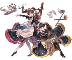 Rule 34 | 2girls, apron, boots, brown hair, claudia (granblue fantasy), cross-laced footwear, cup, dorothy (granblue fantasy), dress, flamethrower, food, full body, gauntlets, granblue fantasy, hair bun, holding, juliet sleeves, kneeling, lace-up boots, long hair, long sleeves, looking at viewer, maid, maid apron, maid headdress, mary janes, minaba hideo, multiple girls, official art, on one knee, open mouth, pantyhose, pastry, puffy long sleeves, puffy sleeves, purple eyes, shoes, short hair, single hair bun, smile, teacup, teapot, thighhighs, transparent background, twintails, underbust, weapon, white apron, white legwear